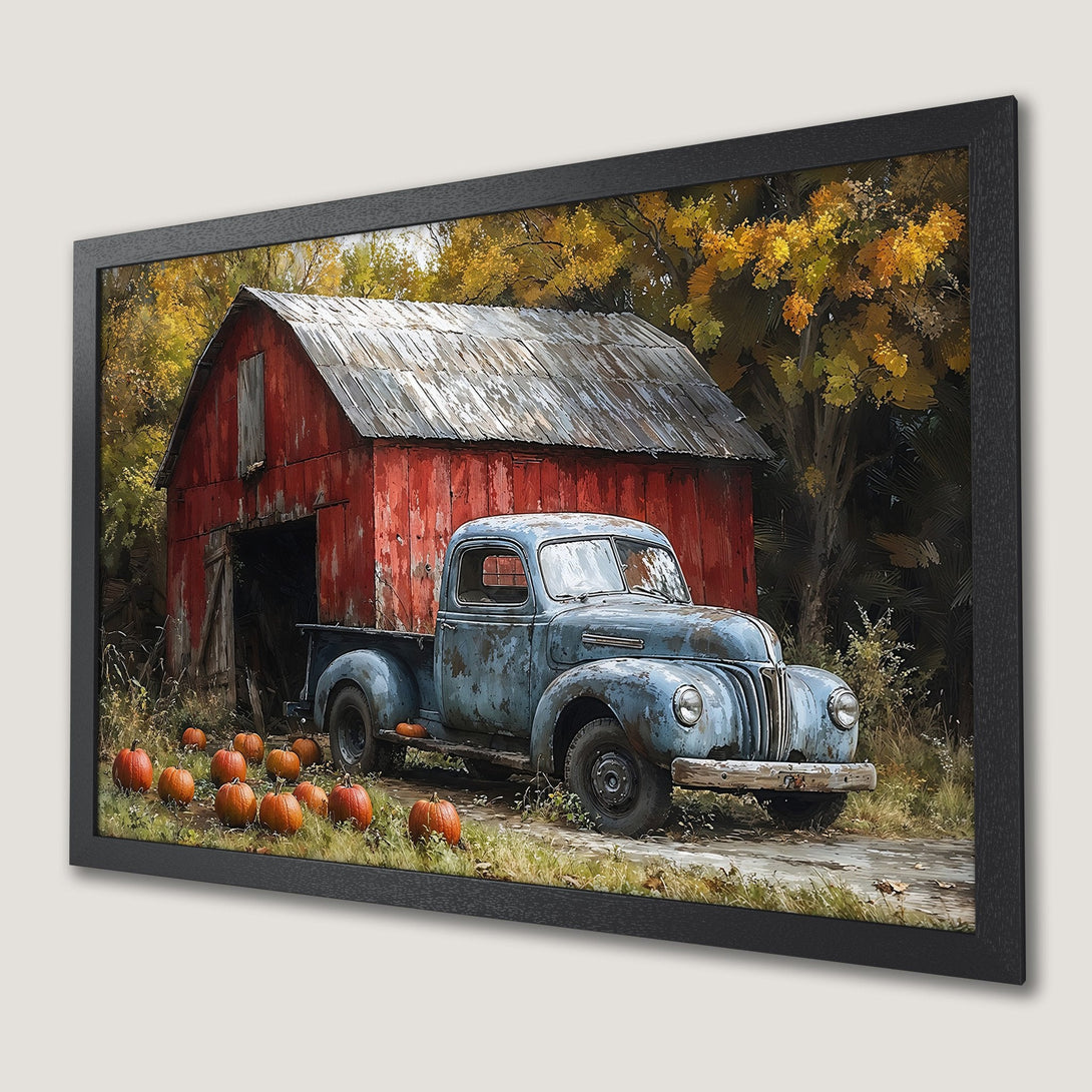 Framed Poster of a vintage truck & barn scene in rustic style. Warm autumn colors create cozy farmhouse vibes.