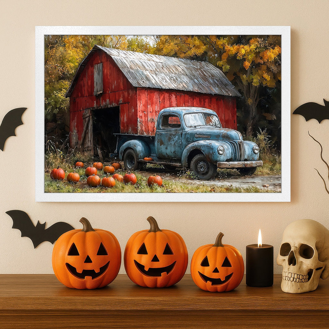 Framed Poster featuring a vintage truck & barn in autumn colors. Rustic art style, warm orange, red & blue palette. Perfect fall decor!