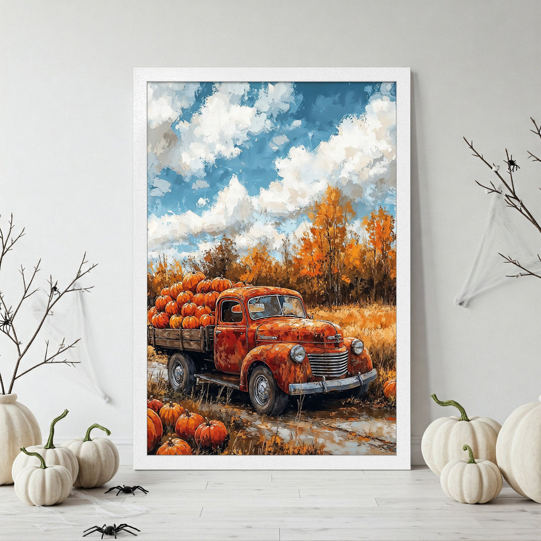 Framed Poster featuring a vintage truck filled with pumpkins, painted in a warm, autumn color palette. Perfect fall decor!
