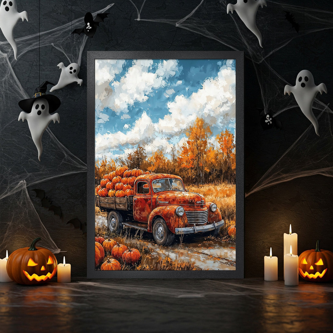 Framed Poster: Rustic truck with pumpkins, autumn landscape art in warm orange and blue tones. Perfect fall decor!