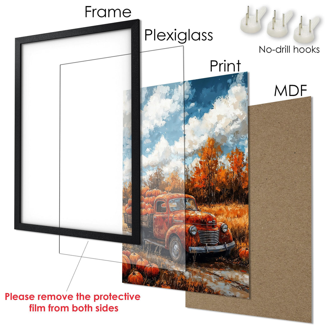 Framed Poster featuring a vintage truck with pumpkins, in an impressionistic style with warm orange and blue hues. Perfect fall decor!