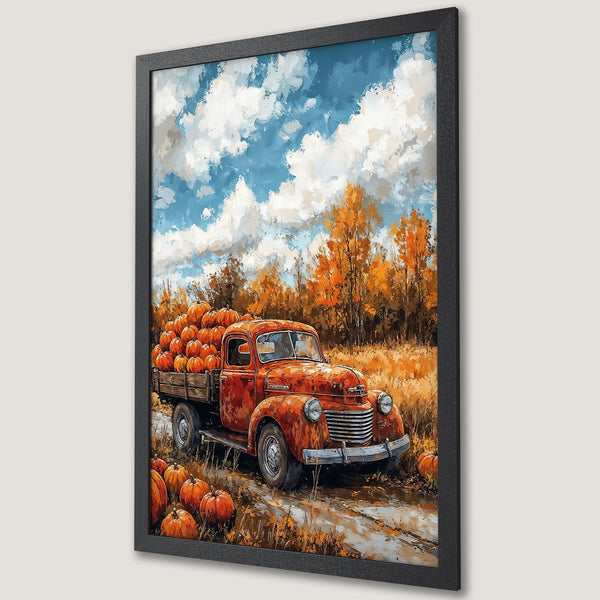 Framed Poster featuring a vintage truck loaded with pumpkins, painted in a rustic style with warm autumn colors of orange, brown, and blue. Perfect fall decor!