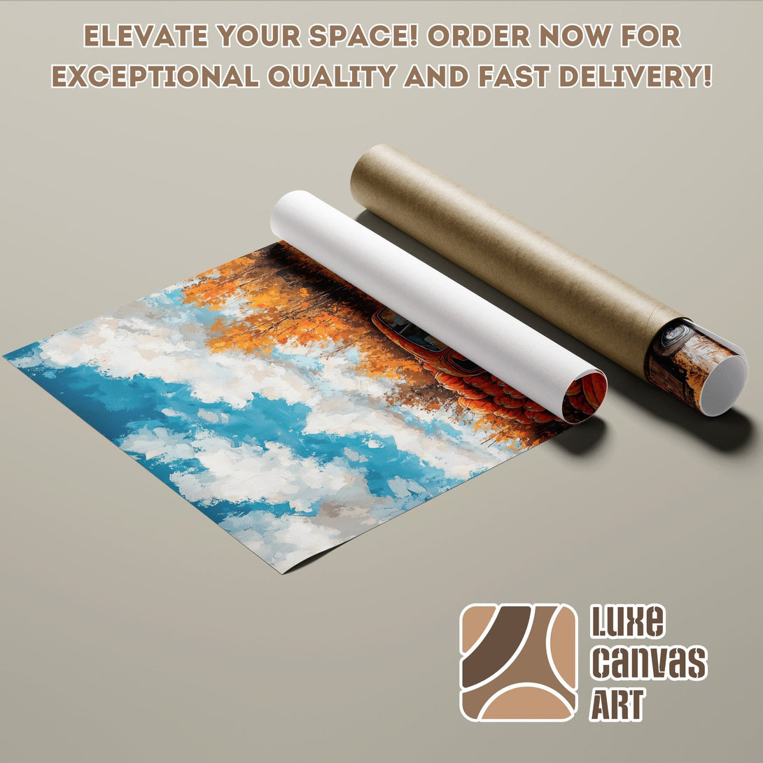 Poster Roll featuring an abstract landscape painting with blue, orange, and white hues. Elevate your space!