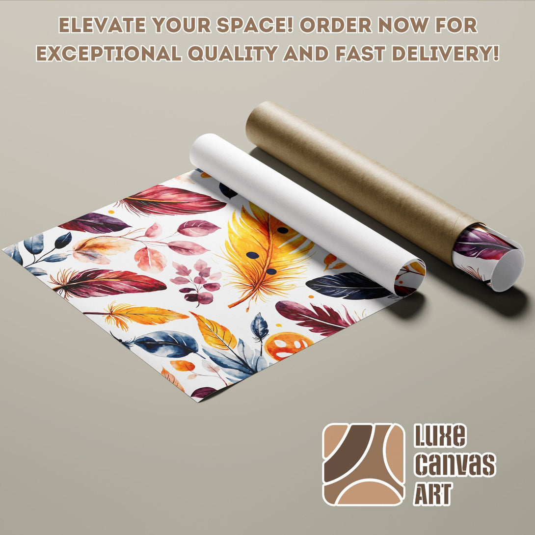 Feather art Poster Roll with watercolor style & warm color palette. Elevate your space with Luxe Canvas Art!