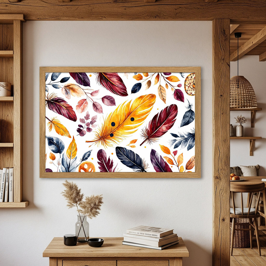 Framed Poster featuring watercolor feathers in warm tones. Perfect wall art for a cozy, bohemian style home.