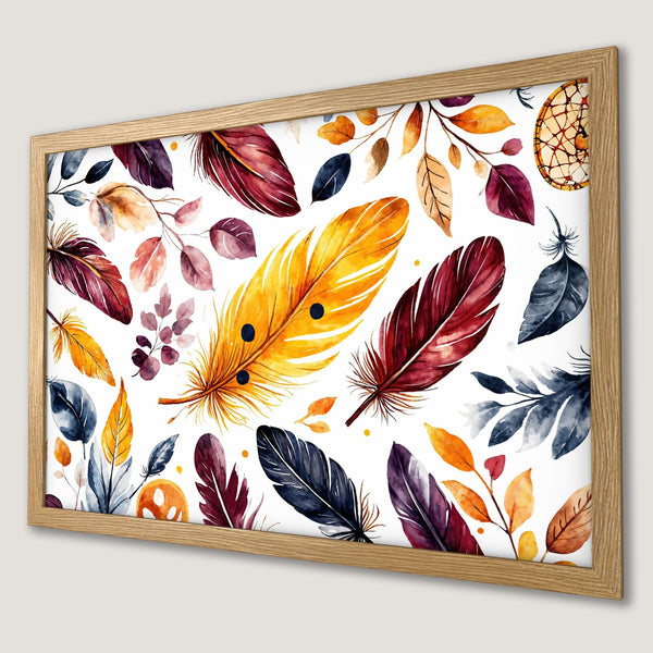 Framed Poster featuring watercolor feathers and leaves in warm, autumnal colors. Perfect for adding a touch of boho style!