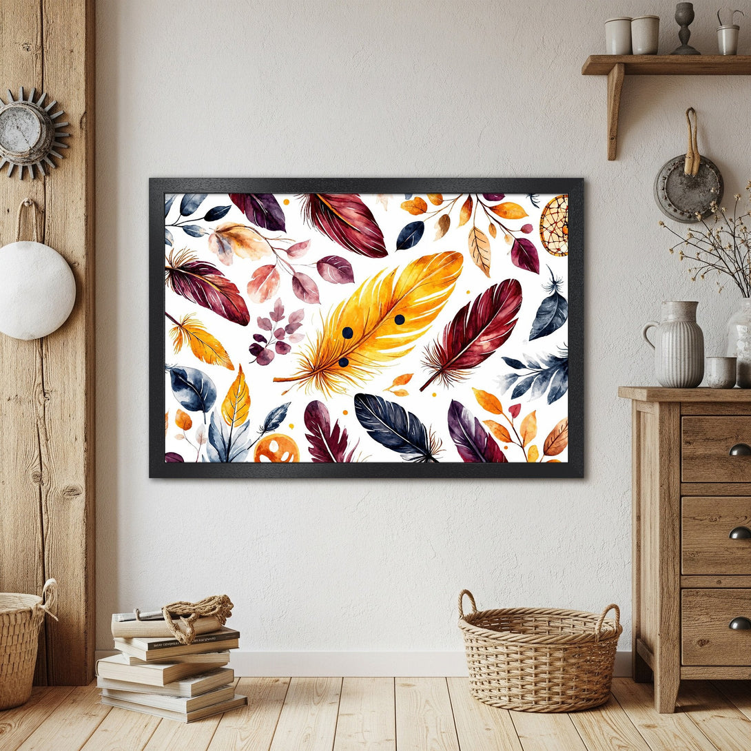 Framed Poster featuring watercolor feathers in warm autumn colors. Perfect wall art for a cozy home!