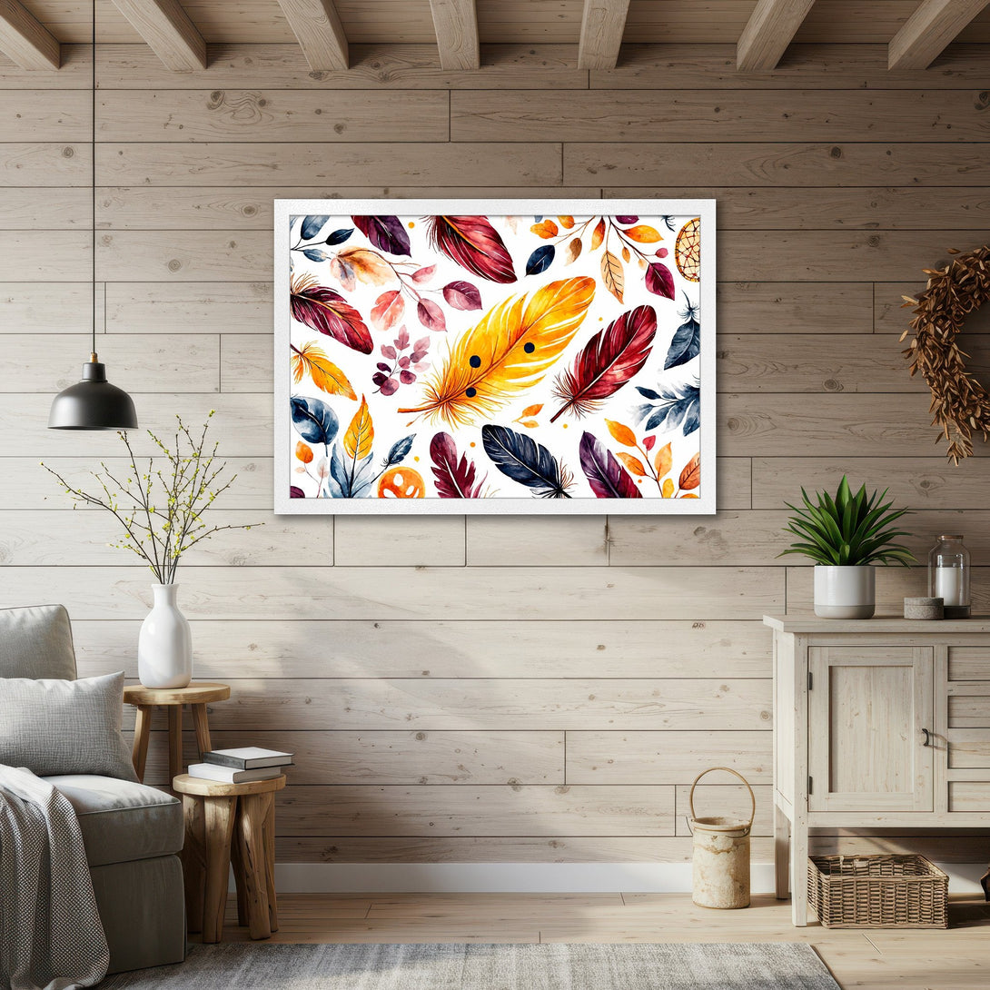 Framed Poster featuring watercolor feathers in vibrant reds, yellows, and blues. Perfect wall art for a cozy, bohemian home.