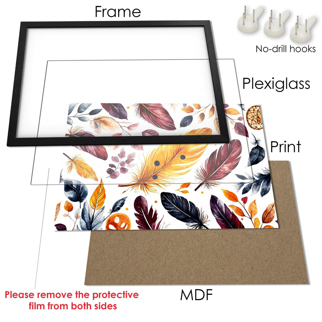 Framed Poster featuring watercolor feathers in a warm, autumnal color palette. Perfect wall art!
