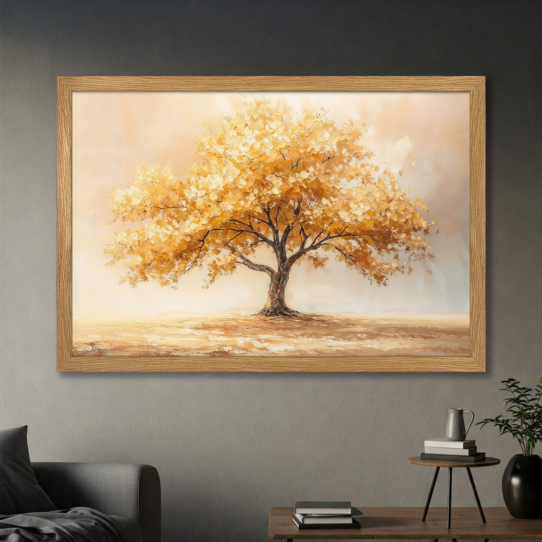Framed Poster of a golden tree painting. Warm, earthy tones and impressionistic style. Perfect wall art for any room.