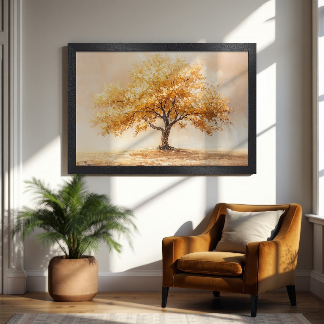 Framed Poster of a golden tree painting. Warm, inviting color palette. Perfect for living room decor.