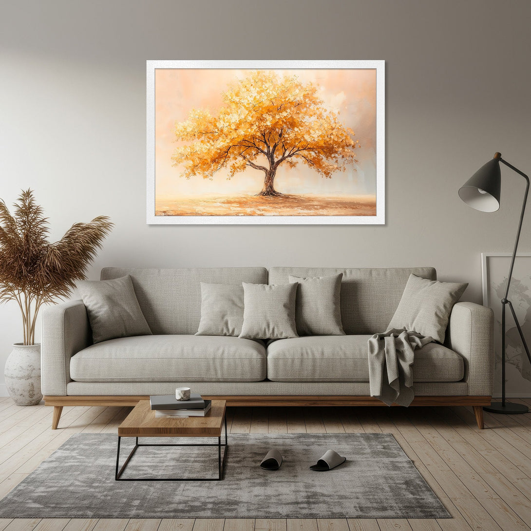 Framed Poster featuring a vibrant golden tree painting in a warm, inviting color palette. Perfect wall art for a cozy living room.