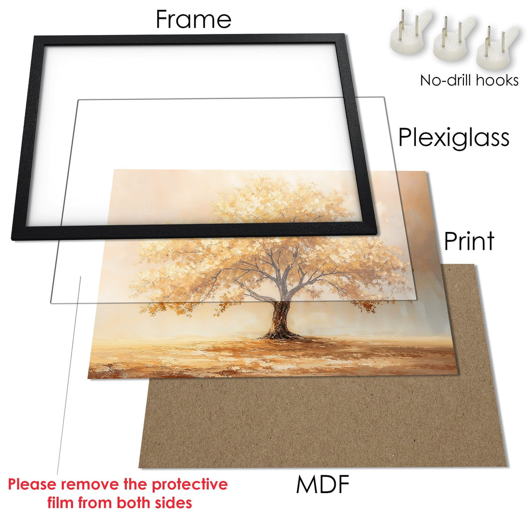 Framed Poster featuring a golden tree art print. Warm, earthy tones in a landscape style. Ready to hang!