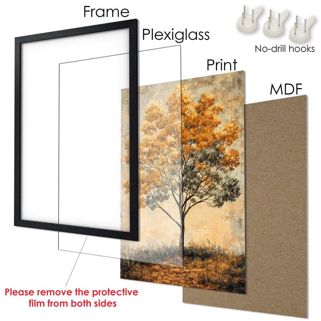 Framed Poster of a tree in warm tones. Rustic style artwork with a beige, brown, and orange color palette. Decorate your home with this beautiful Poster.