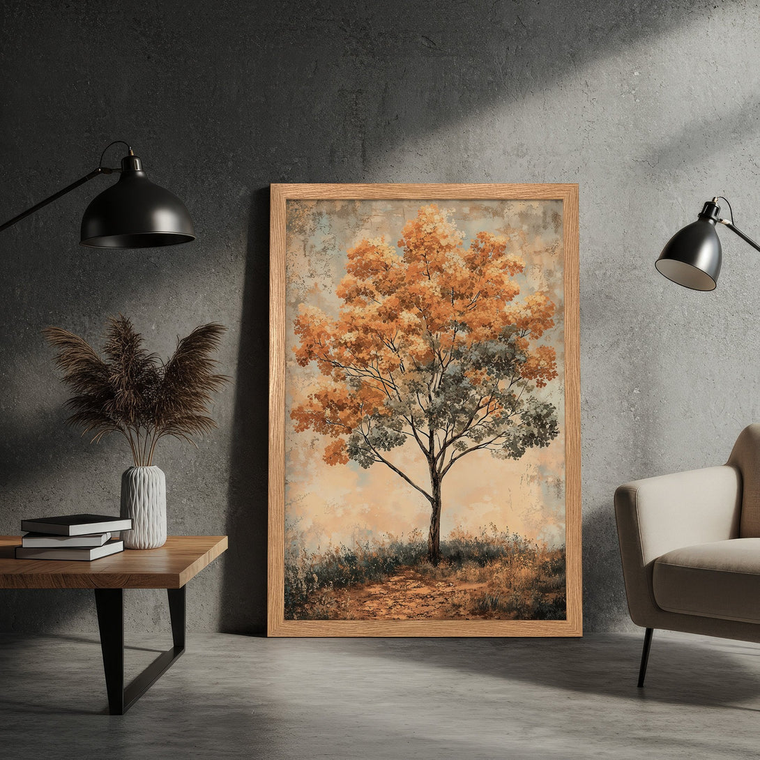 Framed Poster featuring an abstract tree in warm orange and grey tones, perfect for adding a touch of nature-inspired art to your home decor.
