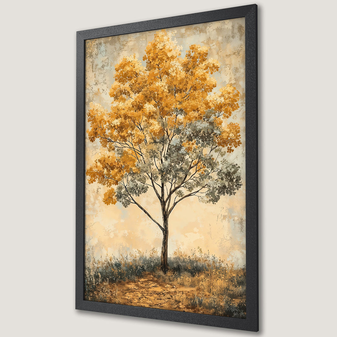 Framed Poster featuring a stylized tree with gold and gray foliage, painted in a warm, earthy color palette. Perfect wall art for your home!