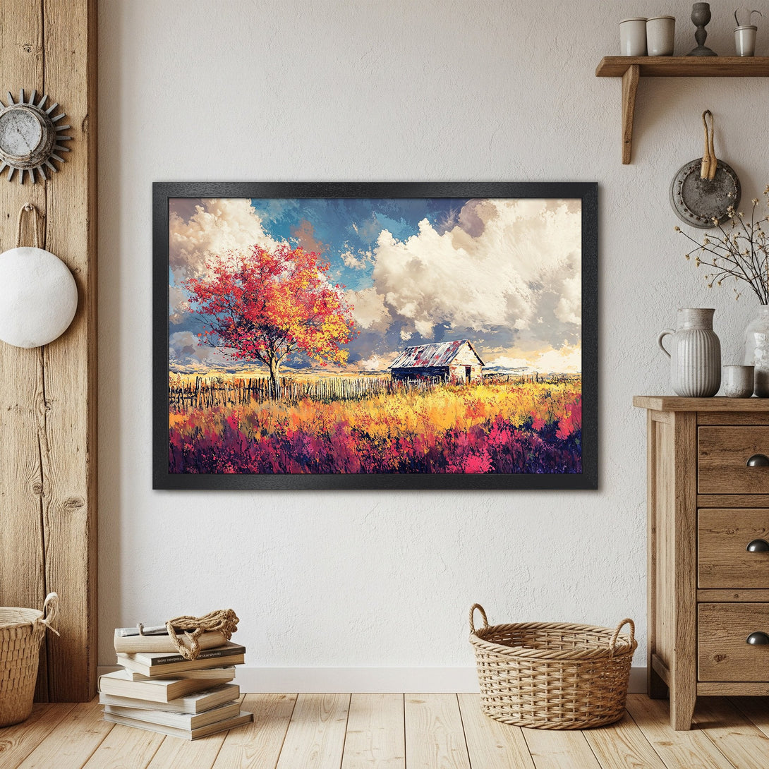 Framed Poster of a vibrant landscape painting with a barn, tree, and colorful field. Impressionistic style, warm color palette.