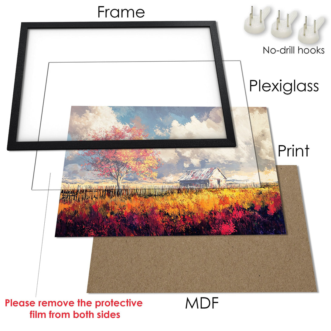 Framed Poster art print featuring a vibrant landscape painting with a warm color palette. Perfect wall decor!