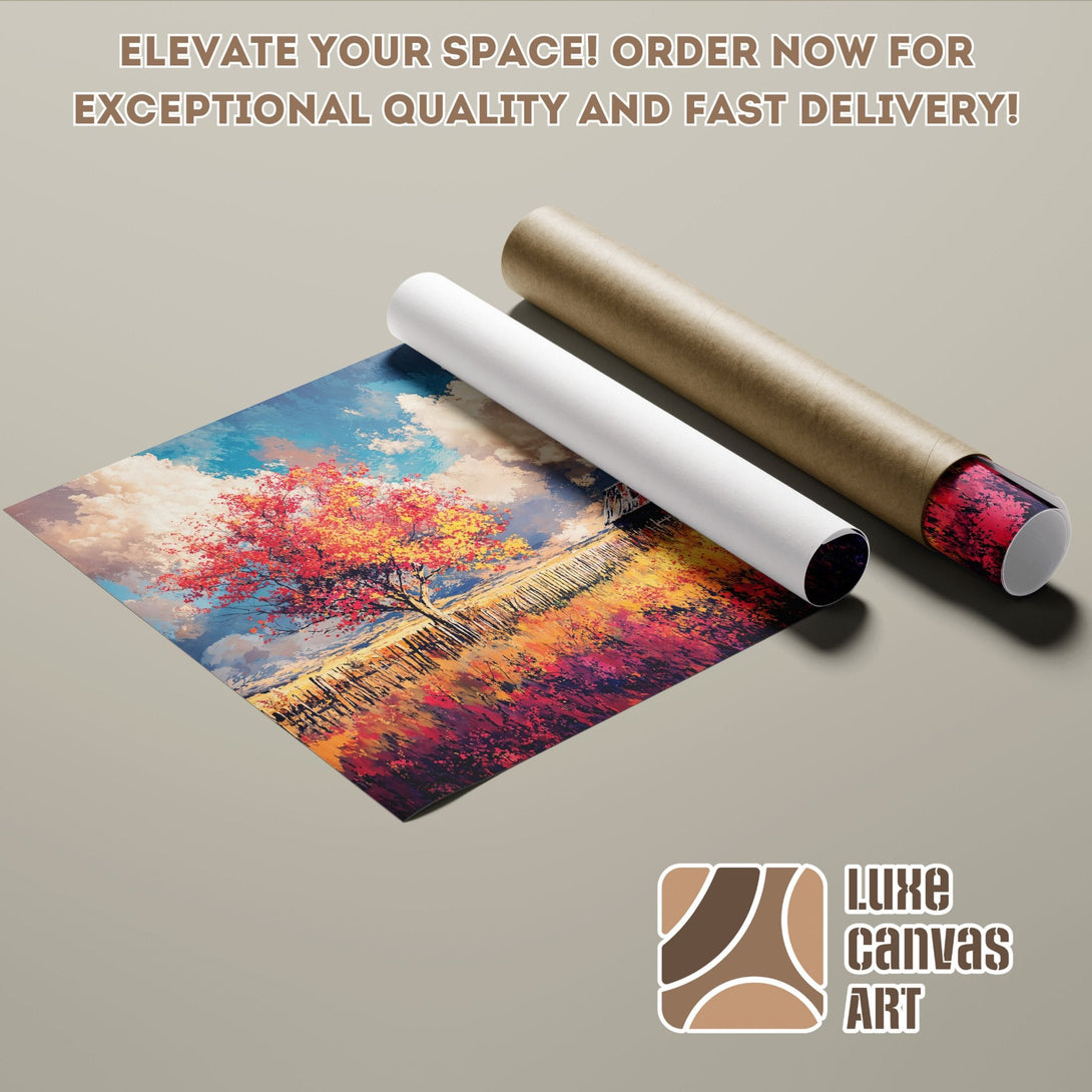 Vibrant landscape Poster Roll art with red & orange tree. Elevate your space with exceptional quality & fast delivery!