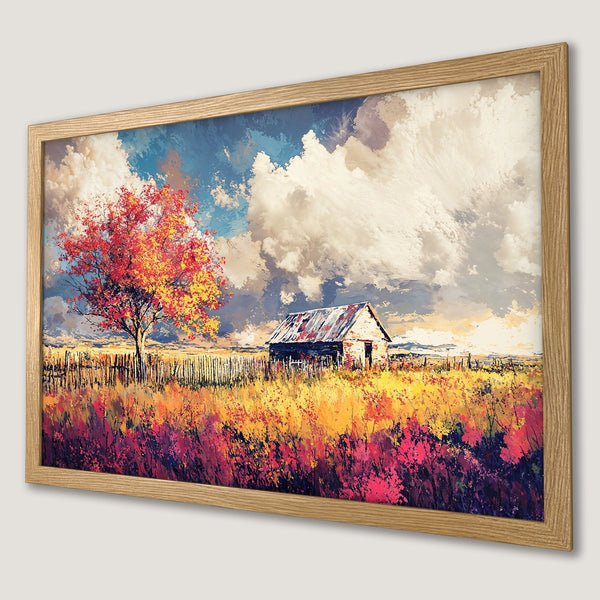 Framed Poster of a vibrant landscape painting with a barn, tree, and colorful field. Warm color palette.