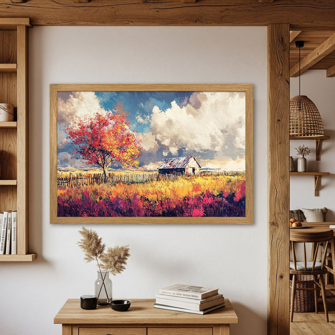 Framed Poster of a vibrant landscape painting. Rustic barn & tree with autumn colors. Impressionistic style, warm color palette. Decorate your home today!