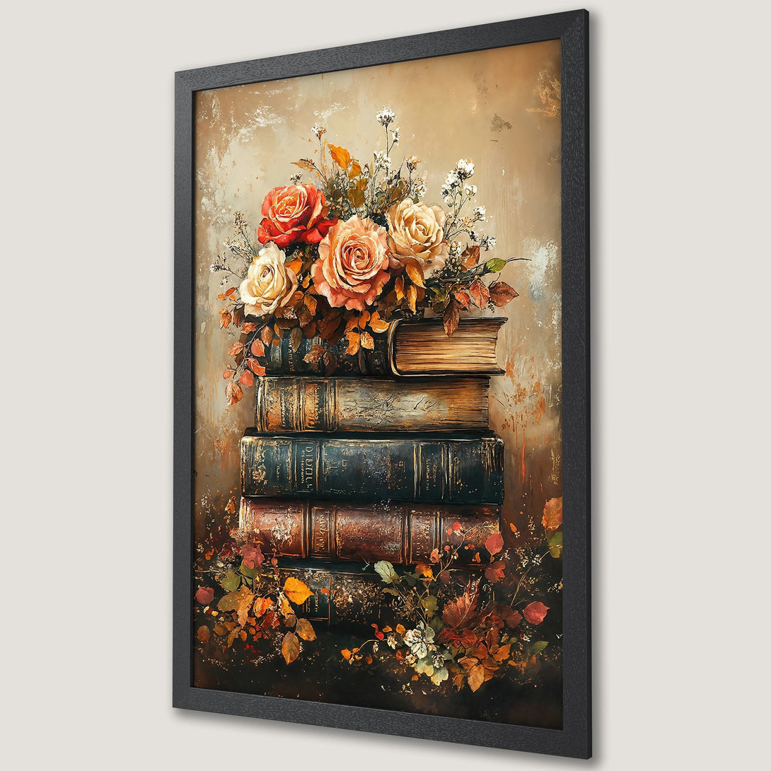Framed Poster featuring a still life of roses and books, in a warm, autumnal color palette. Perfect wall art for your home!