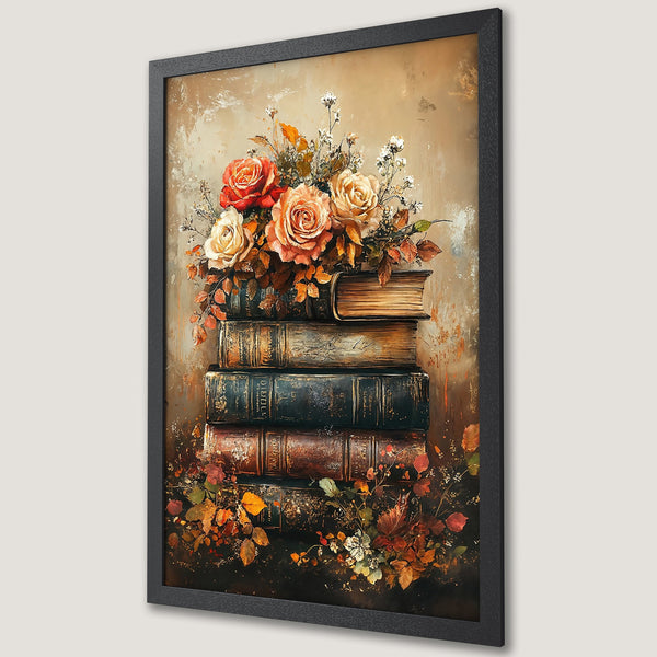 Framed Poster featuring a still life of roses and books, in a warm, autumnal color palette. Perfect wall art for your home!