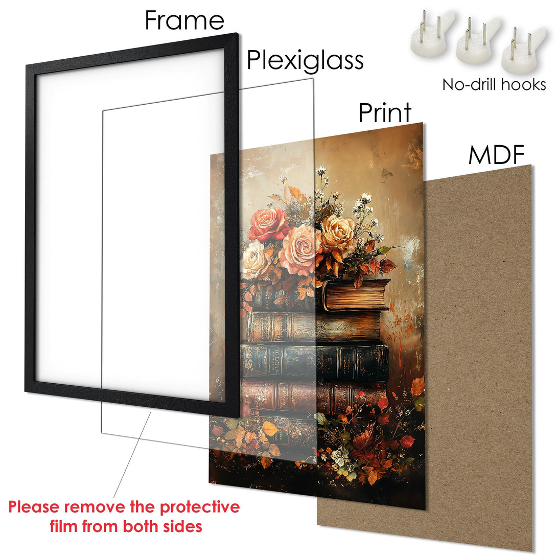 Framed Poster featuring a floral still life with books, in warm, earthy tones. Perfect wall art for any room.