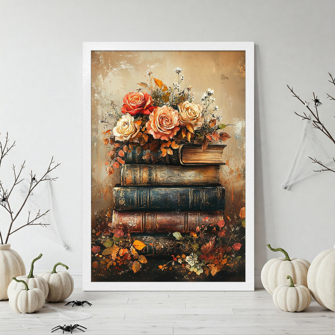 Framed Poster featuring a stack of books with roses in a vintage style, warm autumn color palette. Perfect wall art!