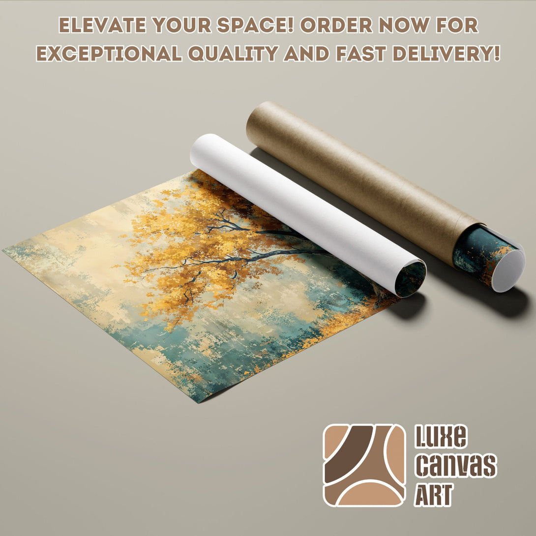 Poster Roll with abstract tree art, warm yellow & teal palette. Elevate your space today!