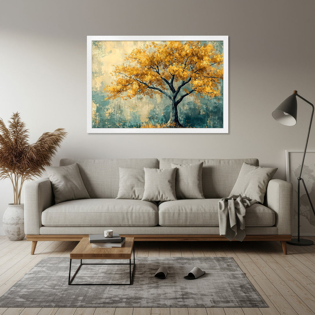 Framed Poster featuring an abstract tree with gold leaves. Earthy tones of teal, gold, and brown. Perfect for home decor.