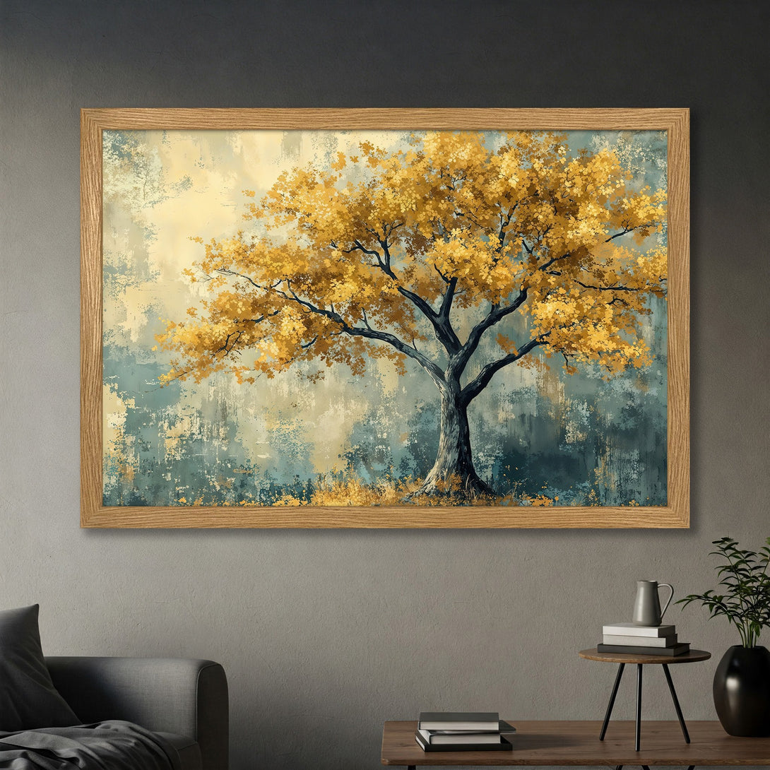 Framed Poster of a golden tree in an abstract style, featuring a warm yellow and teal color palette. Add a touch of nature to your home!