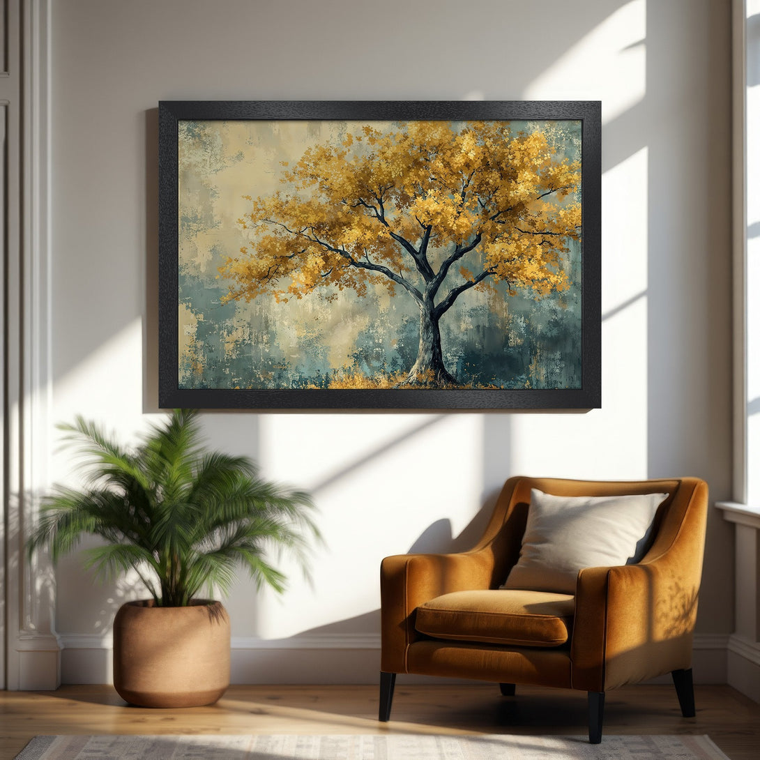 Framed Poster featuring a golden tree art print. Warm color palette with yellow, teal, and black. Perfect for home decor.