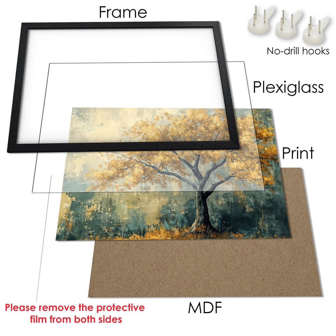 Framed Poster featuring a tree in an artistic style with a gold, teal, and neutral color palette. Perfect wall art for any room.