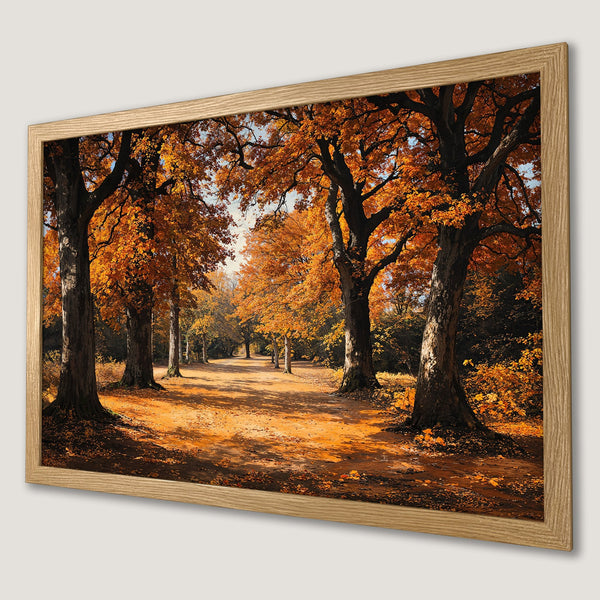 Framed Poster of a scenic autumn forest path, featuring vibrant orange and brown hues. Enhance your space with this stunning art print!