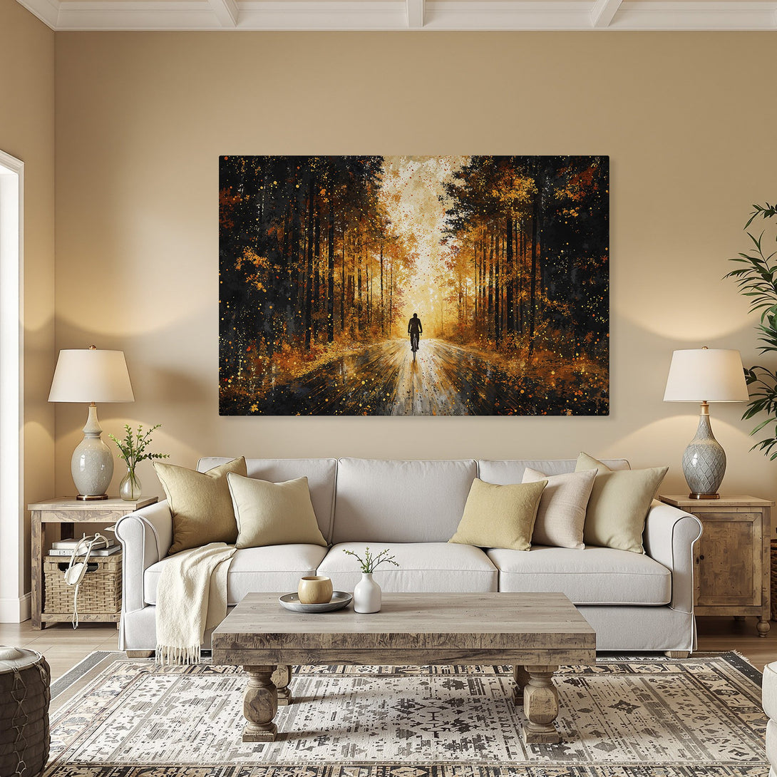 Framed Wall Art: Cyclist on forest path, impressionist style. Warm orange, gold & black color palette. Perfect for living room decor.