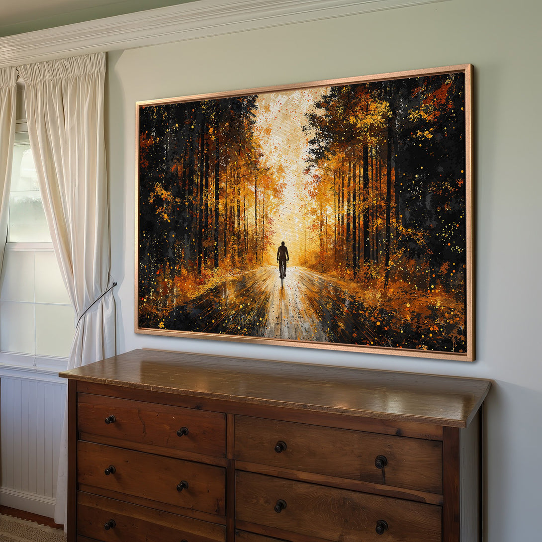 Framed Wall Art: Abstract forest scene in warm orange and black tones. Modern artwork for your home decor. Canvas Print available.