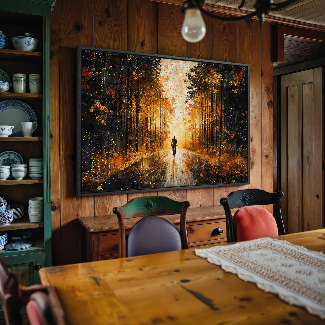 Framed Wall Art: Abstract forest scene canvas print in warm orange and black tones. Perfect for adding a touch of nature to your home decor.
