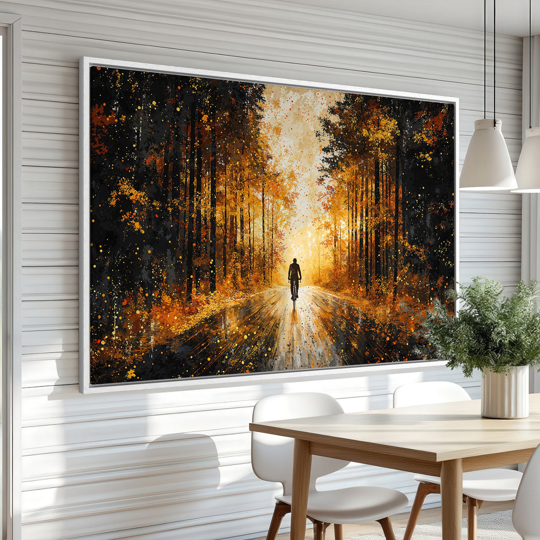 Framed Wall Art: Abstract cyclist art in a warm, golden color palette. Perfect for adding a touch of nature-inspired style to your home decor.