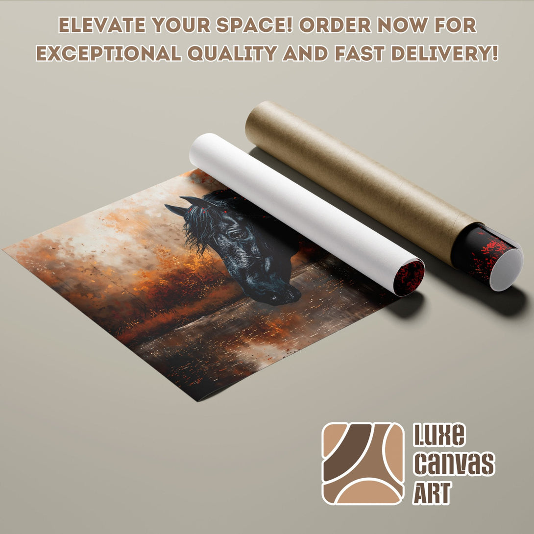 Poster Roll of a black horse art print with warm, earthy tones. Elevate your space!
