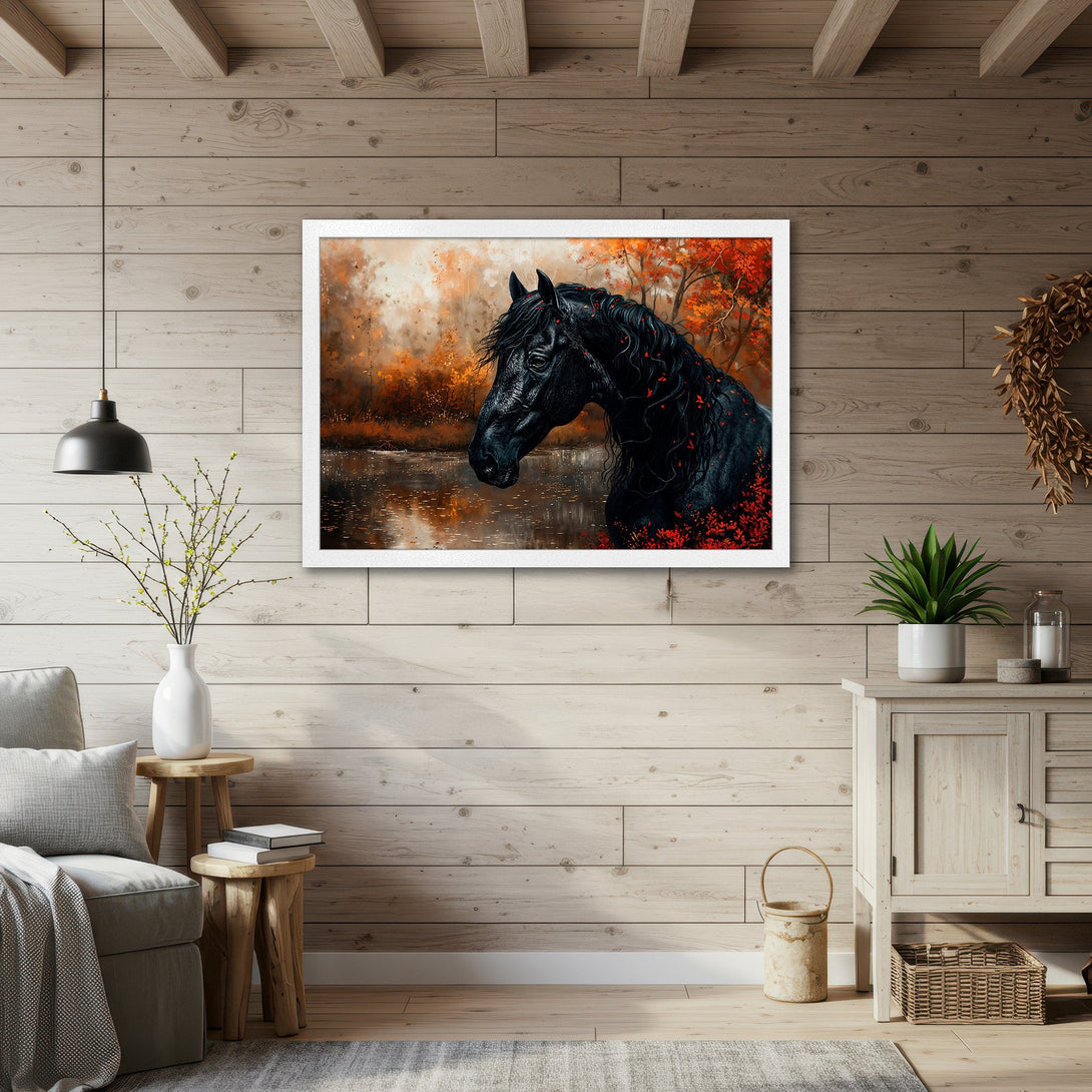Framed Poster featuring a majestic black horse artwork. Rustic style with warm autumn color palette. Perfect wall art for your home!