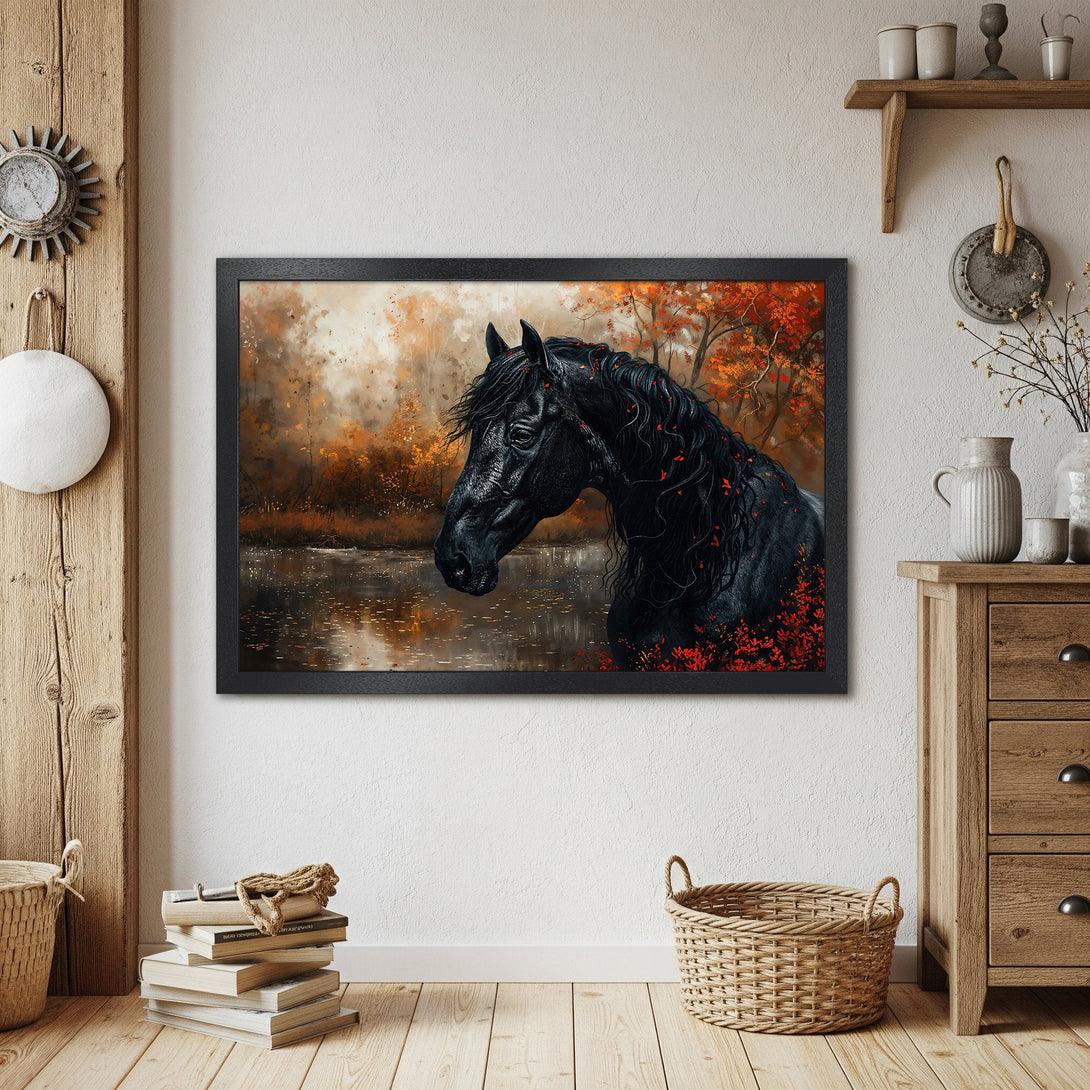Framed Poster of a majestic black horse in an autumn landscape. Warm color palette, perfect for home decor.