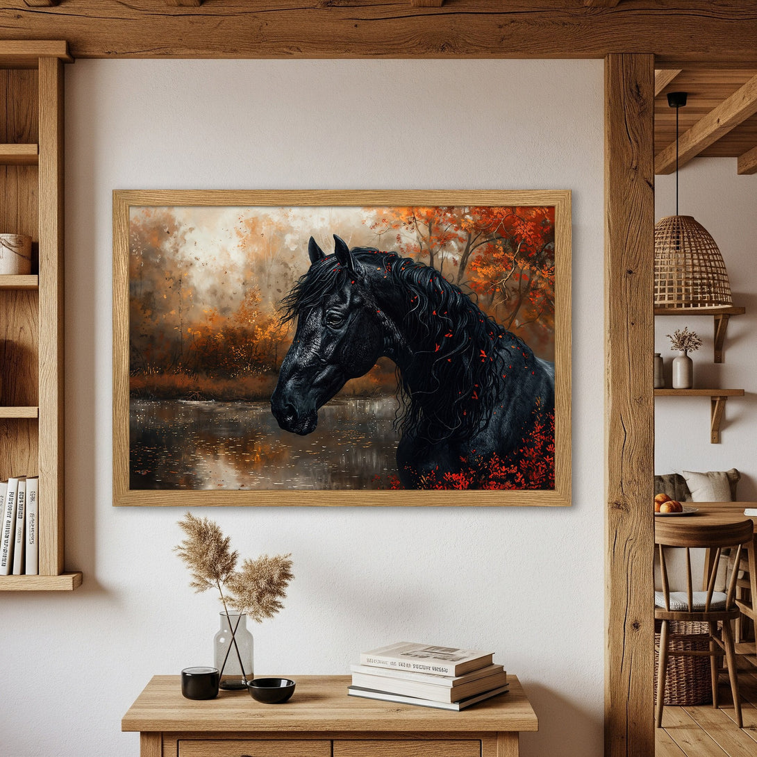 Framed Poster featuring a majestic black horse in autumn landscape. Warm, earthy tones and artistic style. Perfect wall art.