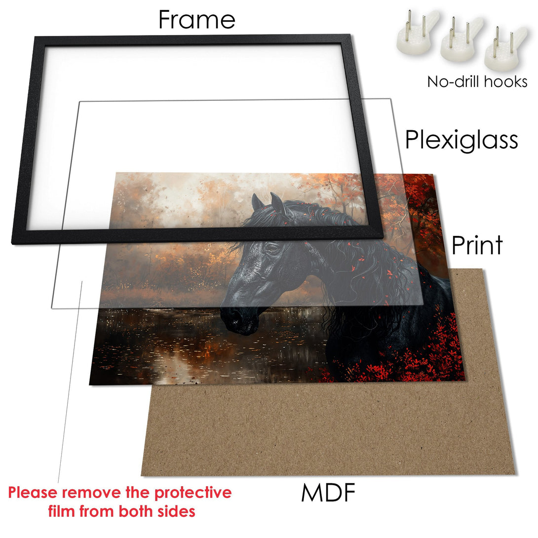 Framed Poster featuring a black horse in a moody, artistic style with a warm, autumnal color palette. Perfect wall art!