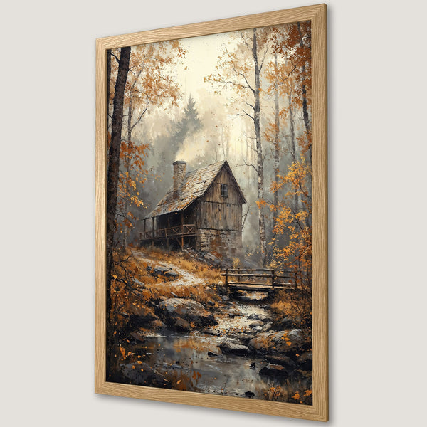 Framed Poster of a cozy cabin in an autumn forest. Rustic style with warm orange, brown, and grey tones. Perfect wall art for a nature-inspired home.