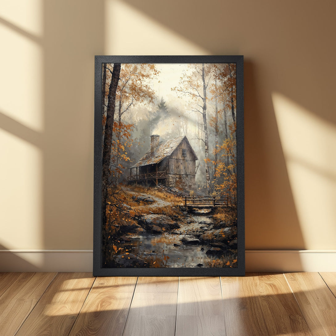 Framed Poster featuring a cozy cabin in a misty autumn forest. Warm, earthy color palette. Perfect for home decor!
