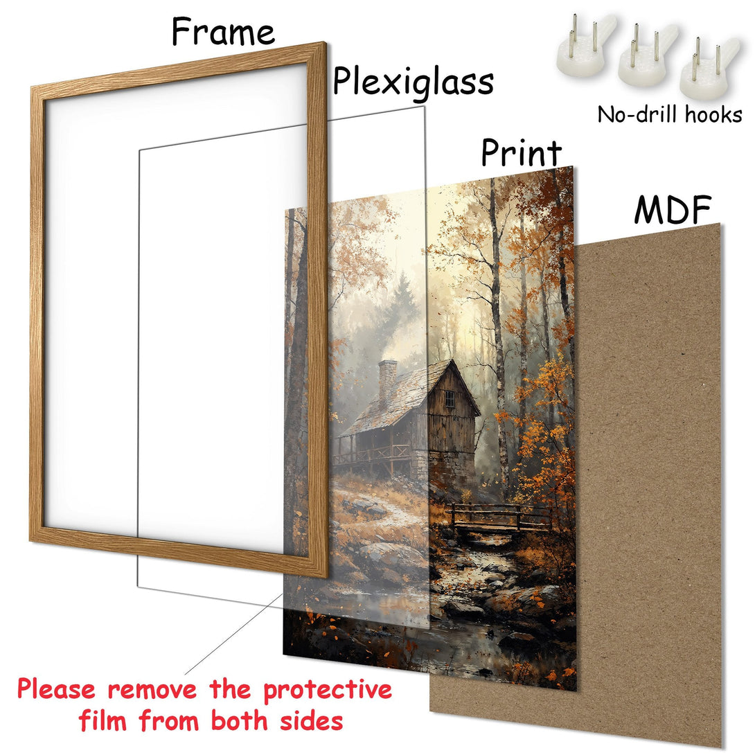 Framed Poster: Rustic cabin art print in warm autumn tones. Ready to hang wall decor. Bring nature indoors!