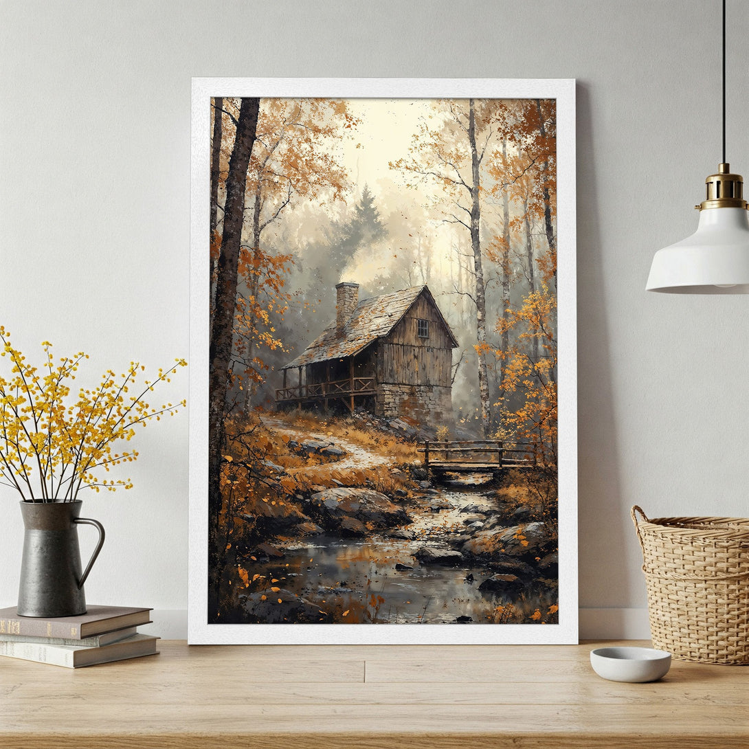 Framed Poster of a cabin in an autumn forest, painted in a serene, impressionistic style with warm orange and brown hues. Perfect wall art!