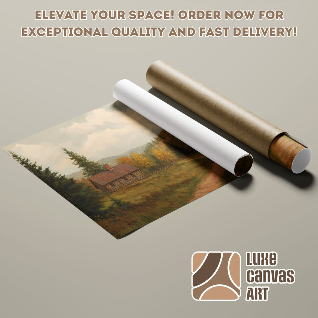 Poster Roll of a cabin landscape painting in warm earth tones. Perfect wall art!