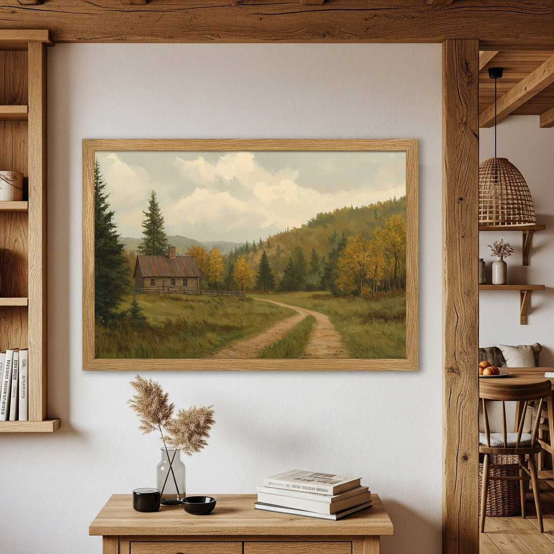 Framed Poster featuring a rustic cabin landscape painting in warm earth tones. Perfect for adding a cozy touch to your home decor.